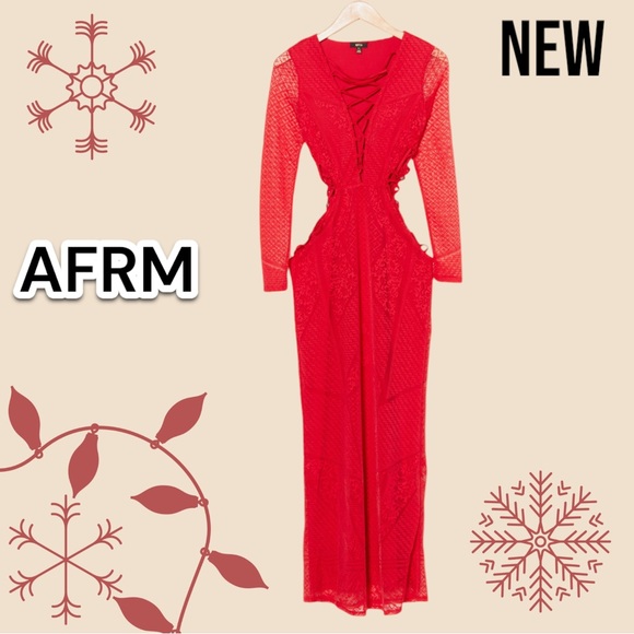 New NWT AFRM Dalia Long Sleeve Lace-Up Dress Red - Picture 3 of 4